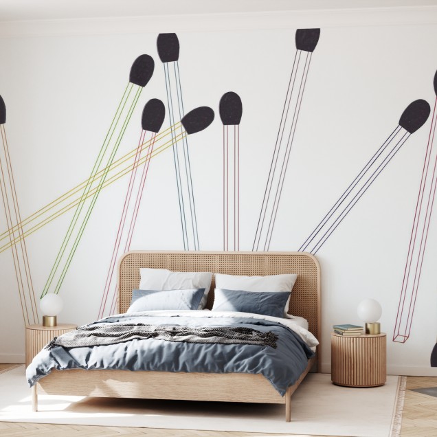 Tapet cu chibrituri pe alb, pe un perete alb, intr-un living modern