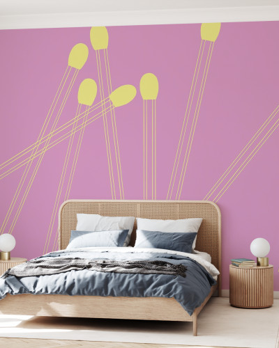 Tapetă cu design abstract, linii galbene contrastante pe un fundal roz pal