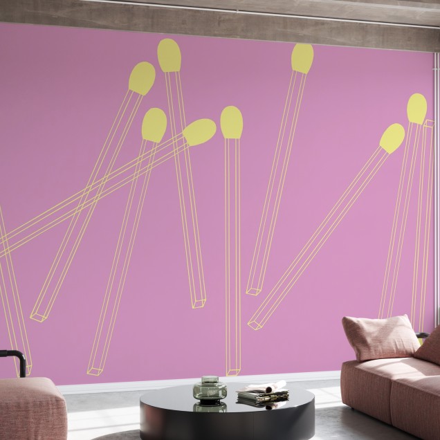 Tapetă cu design abstract, linii galbene contrastante pe un fundal roz pal