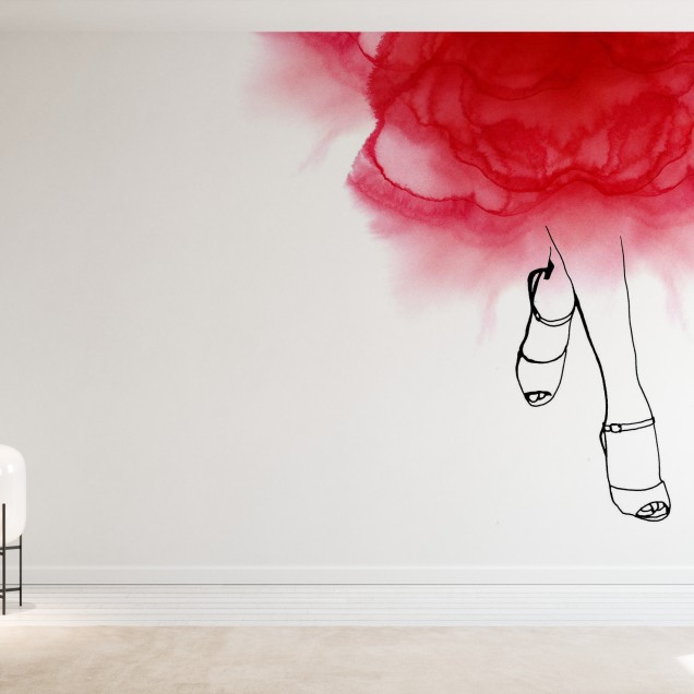 Walk with Me tapet, decor de perete cu o pată de acuarelă roșie și un picior feminin desenat cu linie neagră