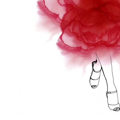 Walk with Me tapet, decor de perete cu o pată de acuarelă roșie și un picior feminin desenat cu linie neagră