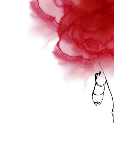 Walk with Me tapet, decor de perete cu o pată de acuarelă roșie și un picior feminin desenat cu linie neagră