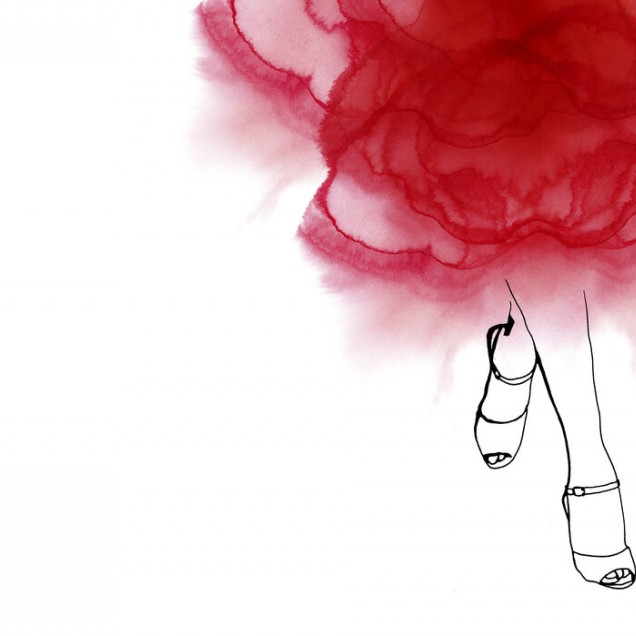 Walk with Me tapet, decor de perete cu o pată de acuarelă roșie și un picior feminin desenat cu linie neagră
