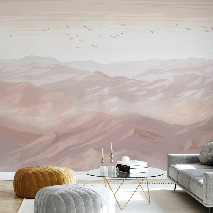 Imagine de fundal cu vedere spectaculoasa la munti invaluiti in ceata, design minimalist, tonuri pastelate
