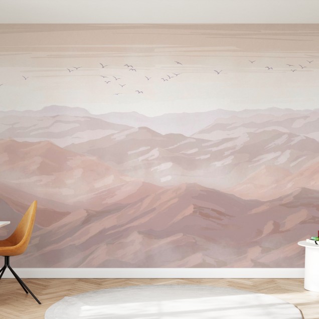 Tapet Grand View cu un design modern, cu un model de munte si pasari, ideal pentru a decora o camera de zi.