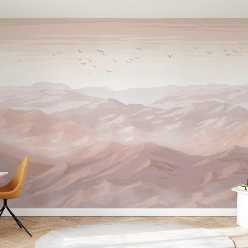 Imagine de fundal cu vedere spectaculoasa la munti invaluiti in ceata, design minimalist, tonuri pastelate