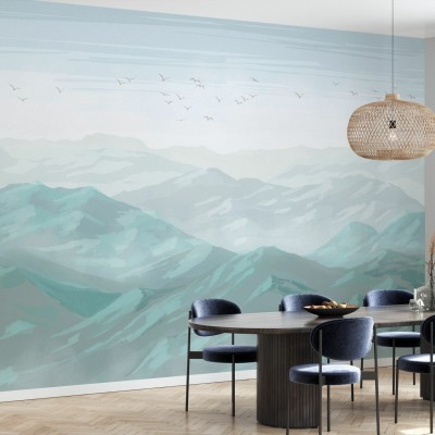 Imagine de fundal cu vedere spectaculoasa la munti invaluiti in ceata, design minimalist, tonuri pastelate