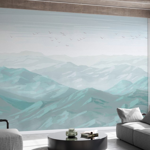 Imagine de fundal cu vedere spectaculoasa la munti invaluiti in ceata, design minimalist, tonuri pastelate