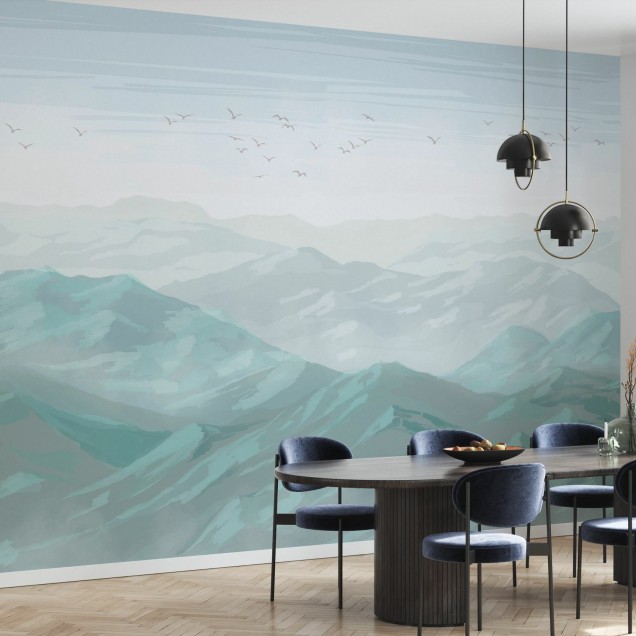 Imagine de fundal cu vedere spectaculoasa la munti invaluiti in ceata, design minimalist, tonuri pastelate