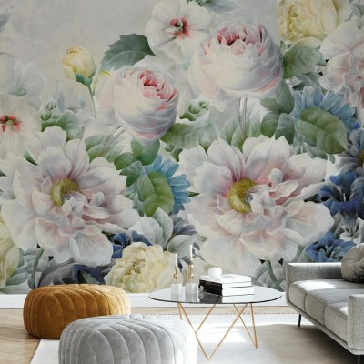 Tapet floral Malva si Trandafiri cu flori delicate de malva si trandafiri, perfect pentru a crea o atmosfera romantica.