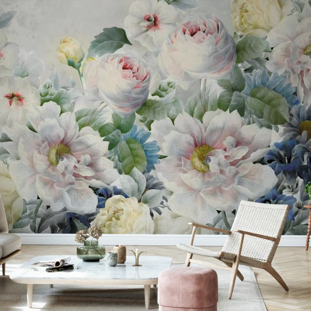 Tapet floral Malva si Trandafiri cu flori delicate de malva si trandafiri, perfect pentru a crea o atmosfera romantica.