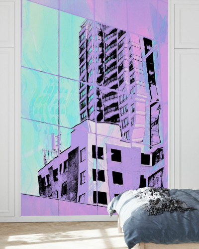 Tapet cu design minimalist, în nuanțe pastelate, cu o clădire din oraș în prim-plan.