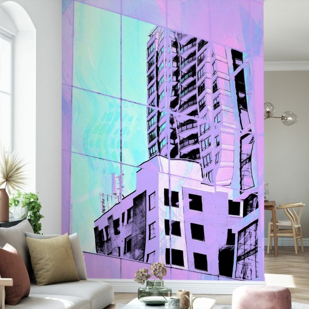 Tapet cu design minimalist, în nuanțe pastelate, cu o clădire din oraș în prim-plan.
