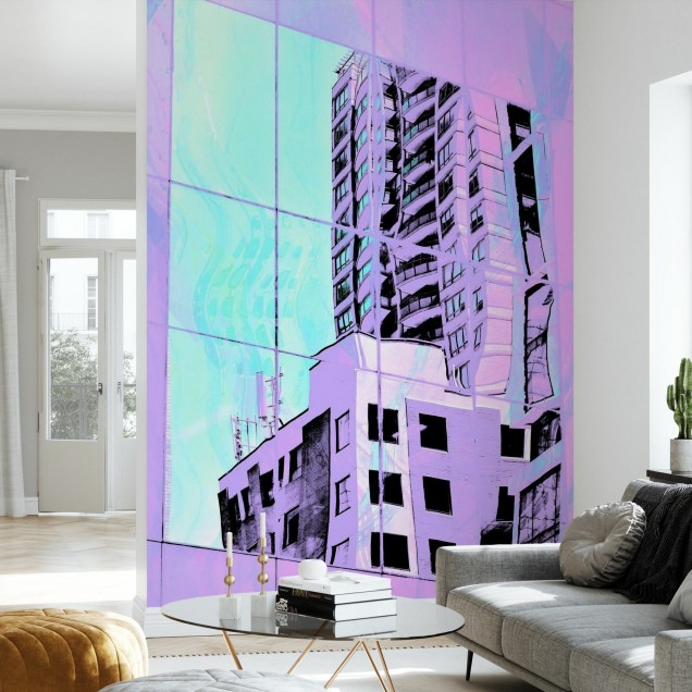 Tapet cu design minimalist, în nuanțe pastelate, cu o clădire din oraș în prim-plan.