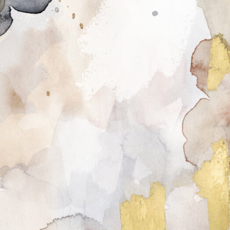 Dormitor cu fototapet acuarelă în nuanțe de indigo, blush și auriu