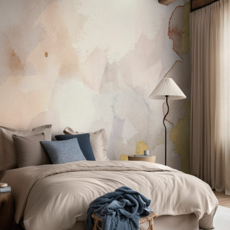 Dormitor cu fototapet acuarelă în nuanțe de indigo, blush și auriu
