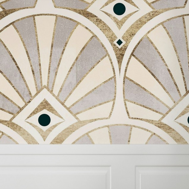 Tapet Deco Patterning I cu design geometric, accente aurii si verde smarald, perfect pentru living sau dormitor