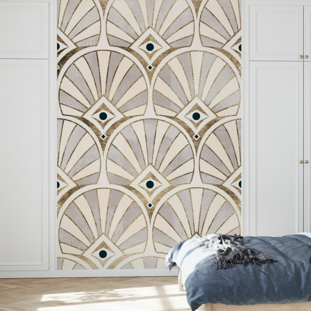 Tapet Deco Patterning I cu design geometric, accente aurii si verde smarald, perfect pentru living sau dormitor