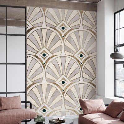 Tapet Deco Patterning I cu design geometric, accente aurii si verde smarald, perfect pentru living sau dormitor