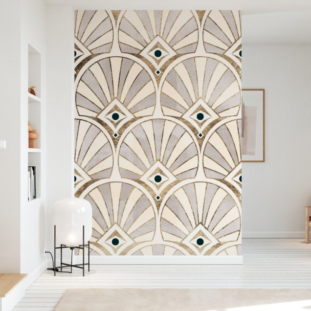 Tapet Deco Patterning I cu design geometric, accente aurii si verde smarald, perfect pentru living sau dormitor