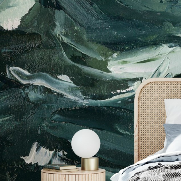 Tapet modern abstract cu imprimeu in nuante de verde si alb