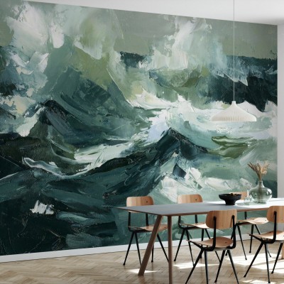 Tapet modern abstract cu imprimeu in nuante de verde si alb