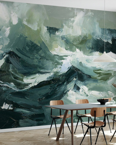 Tapet modern abstract cu imprimeu in nuante de verde si alb