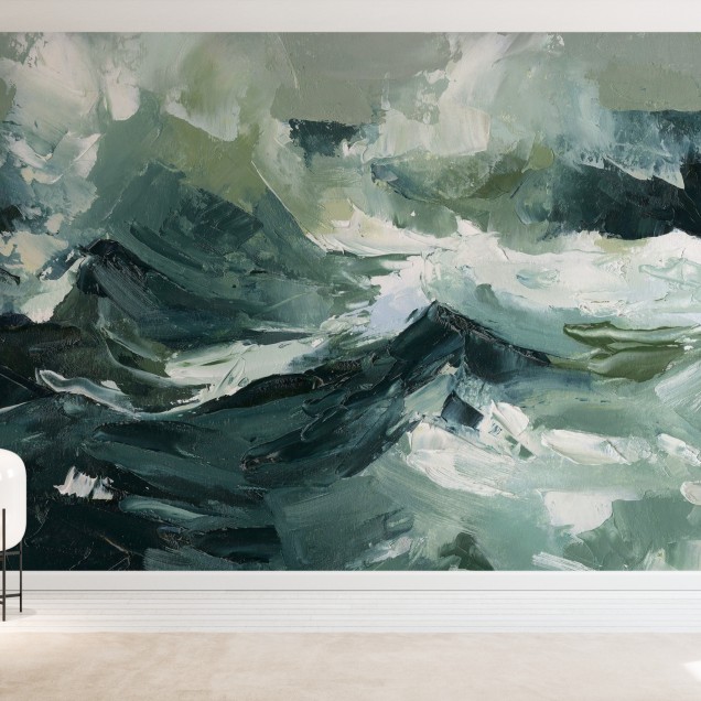 Tapet modern abstract cu imprimeu in nuante de verde si alb