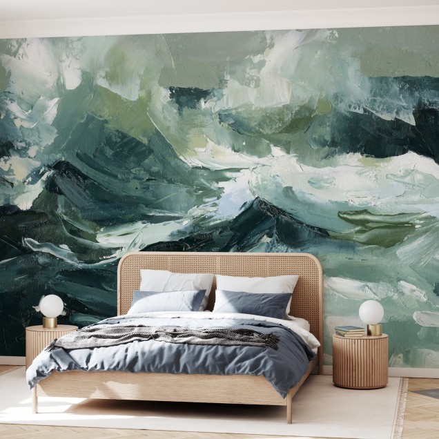 Tapet modern abstract cu imprimeu in nuante de verde si alb