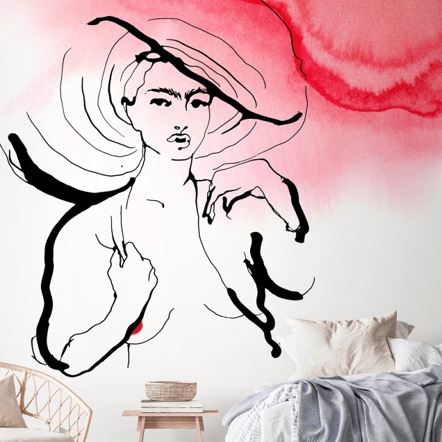 Wallpaper  cu o femeie cu o pălărie, realizat într-o nuanță de roșu vibrant și cu un design minimalist.