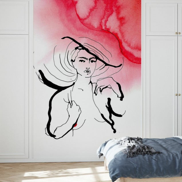 Wallpaper  cu o femeie cu o pălărie, realizat într-o nuanță de roșu vibrant și cu un design minimalist.