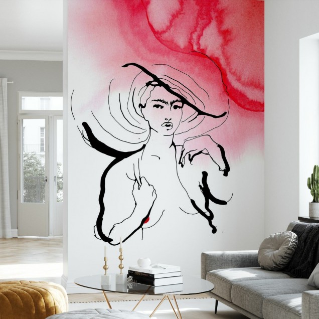 Wallpaper  cu o femeie cu o pălărie, realizat într-o nuanță de roșu vibrant și cu un design minimalist.