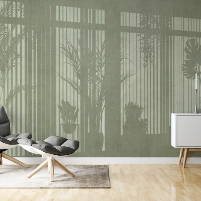Tapet cu design modern, cu siluete de plante și ferestre, în culori verzi.