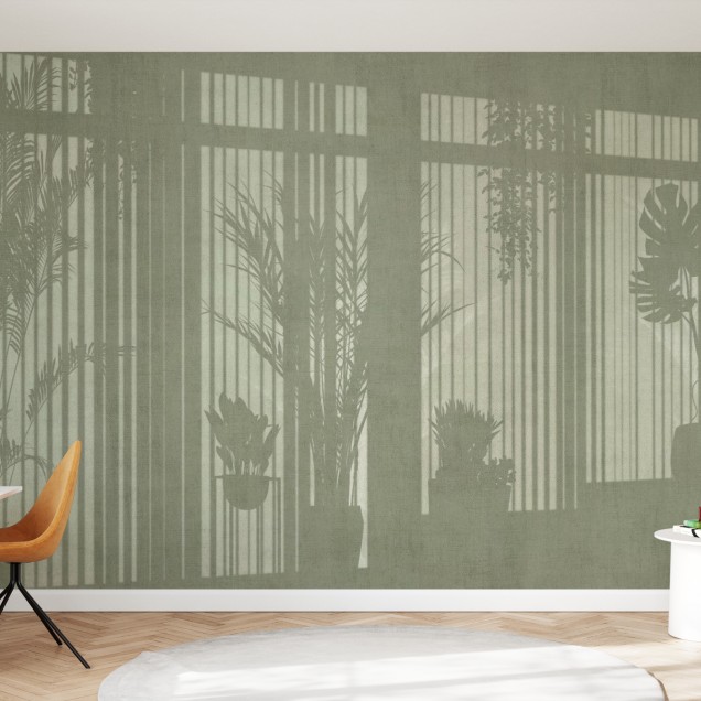 Tapet cu design modern, cu siluete de plante și ferestre, în culori verzi.