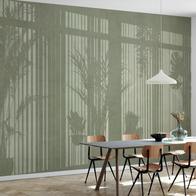 Tapet cu design modern, cu siluete de plante și ferestre, în culori verzi.