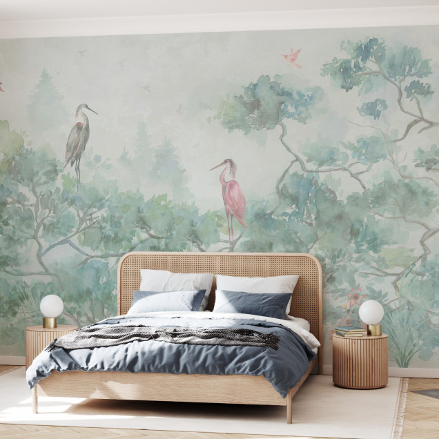 Fototapet cu copaci și păsări într-un interior modern