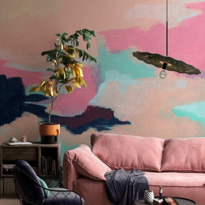 Tapet abstract Calypso Coast, cu nuanțe de roz și albastru deschis.