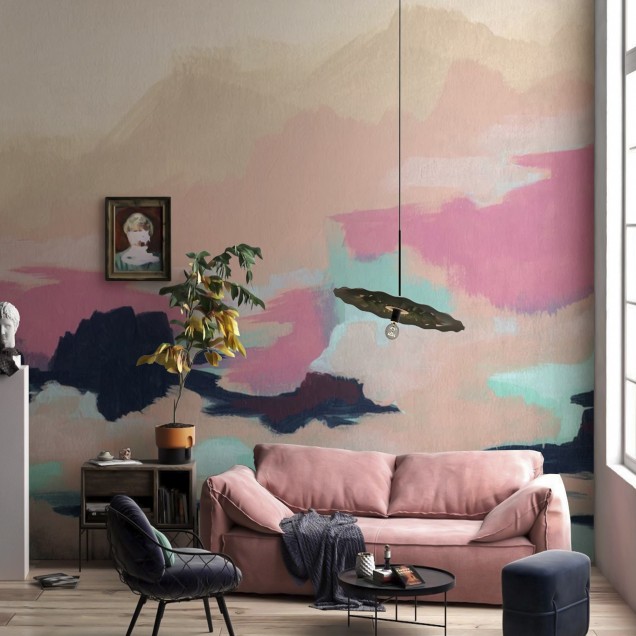 Tapet abstract Calypso Coast, cu nuanțe de roz și albastru deschis.