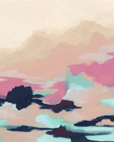 Tapet abstract Calypso Coast, cu nuanțe de roz și albastru deschis.