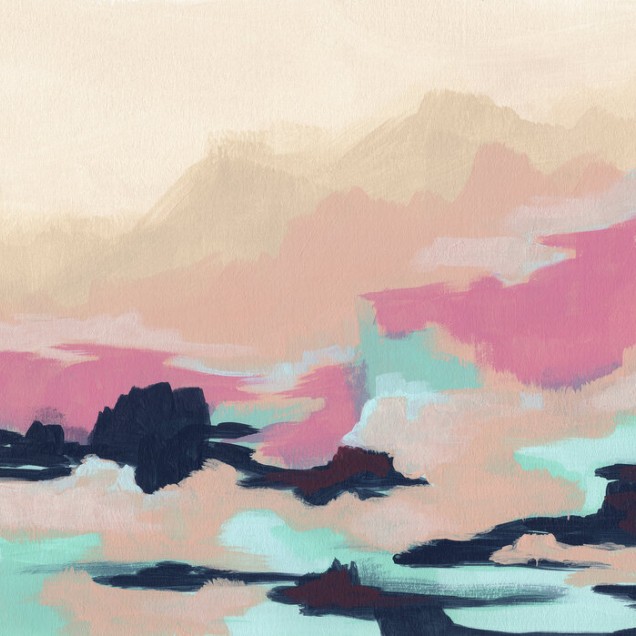 Tapet abstract Calypso Coast, cu nuanțe de roz și albastru deschis.