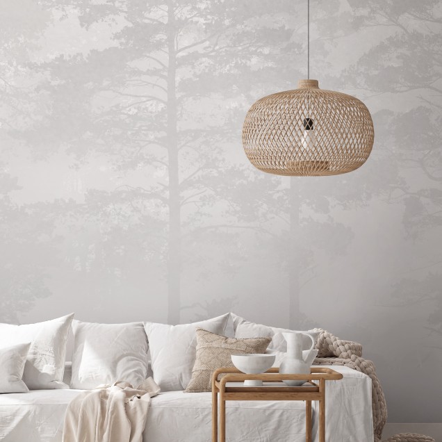 Fototapet cu pădure de pini în ceață, nuanțe de gri, decor interior