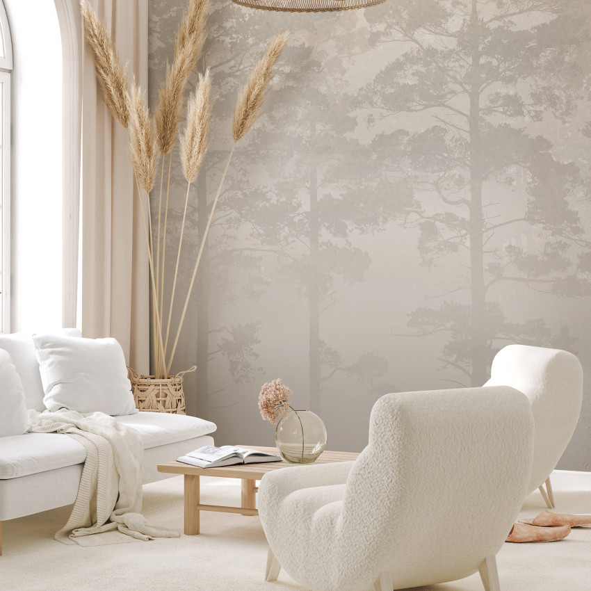 Fototapet cu pădure de pini învăluită în ceață, decor interior elegant