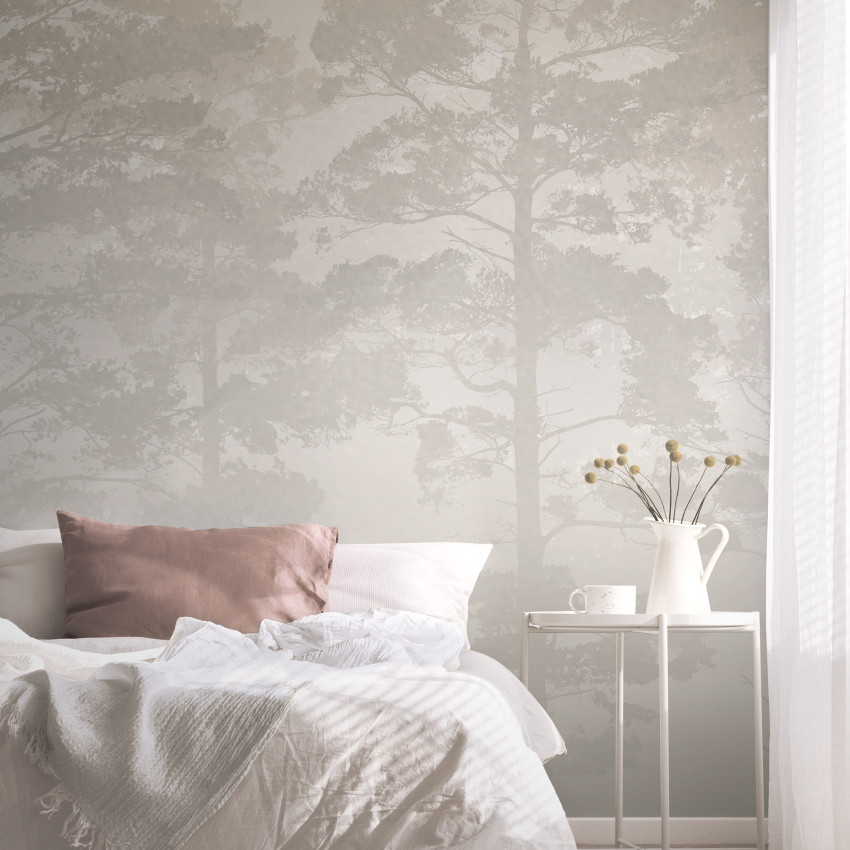 Fototapet cu pădure de pini învăluită în ceață, decor interior elegant