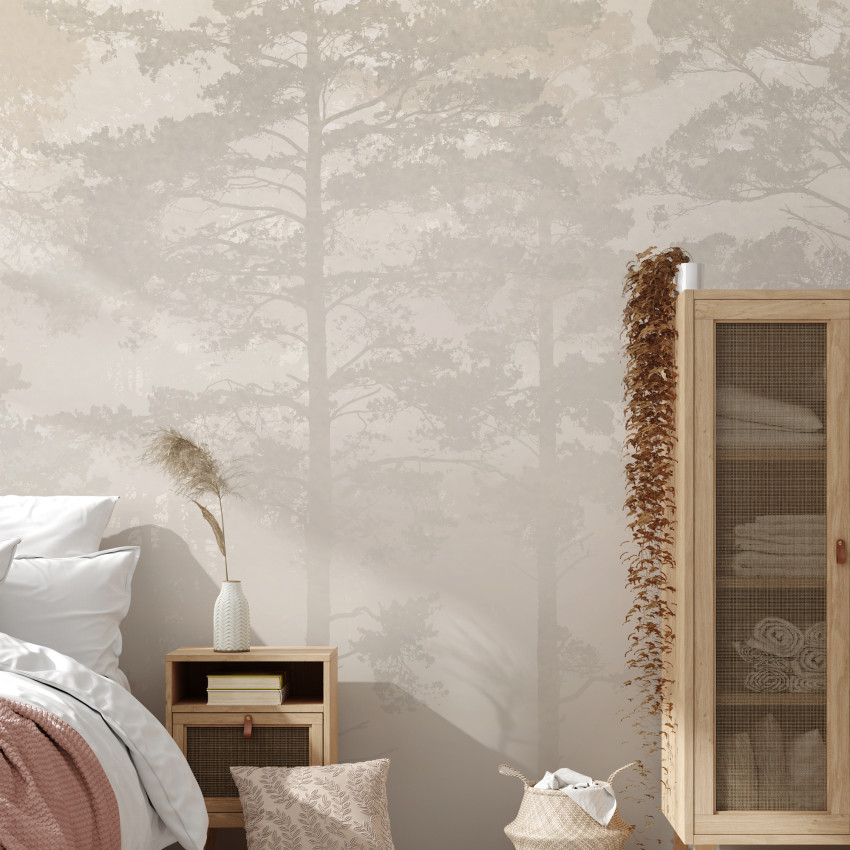 Fototapet cu pădure de pini învăluită în ceață, decor interior elegant
