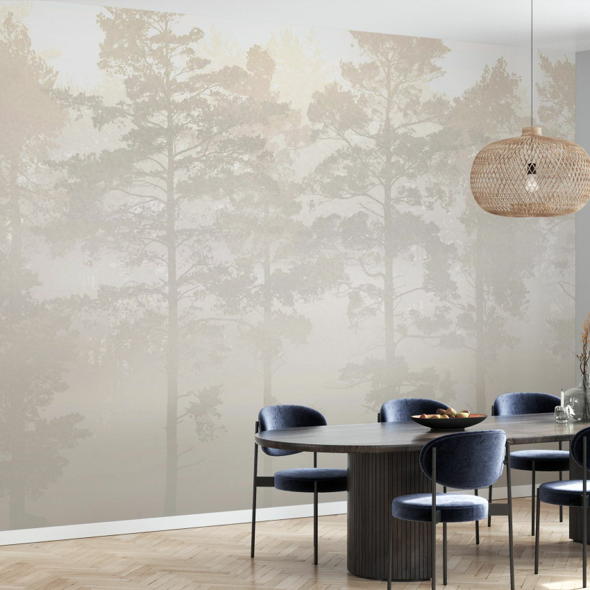 Fototapet cu pădure de pini învăluită în ceață, decor interior elegant