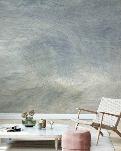 Wallpaper cu un design abstract în nuanțe de albastru și verde, cu linii ondulate care amintesc de valuri. Un decor perfect pentru a crea o atmosferă zen în living.