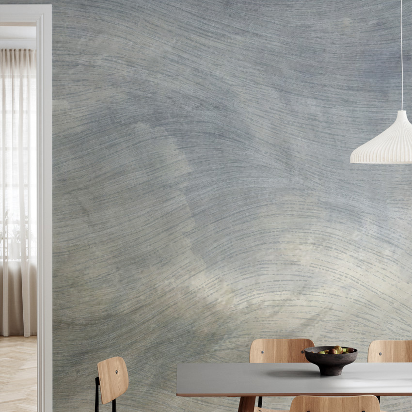 Tapet cu design minimalist, cu linii curbe si tonuri de gri si alb