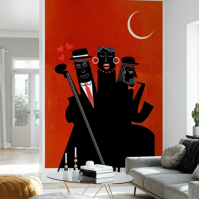 Tapet cu design modern in culori rosu si negru cu un trio de personaje care canta jazz