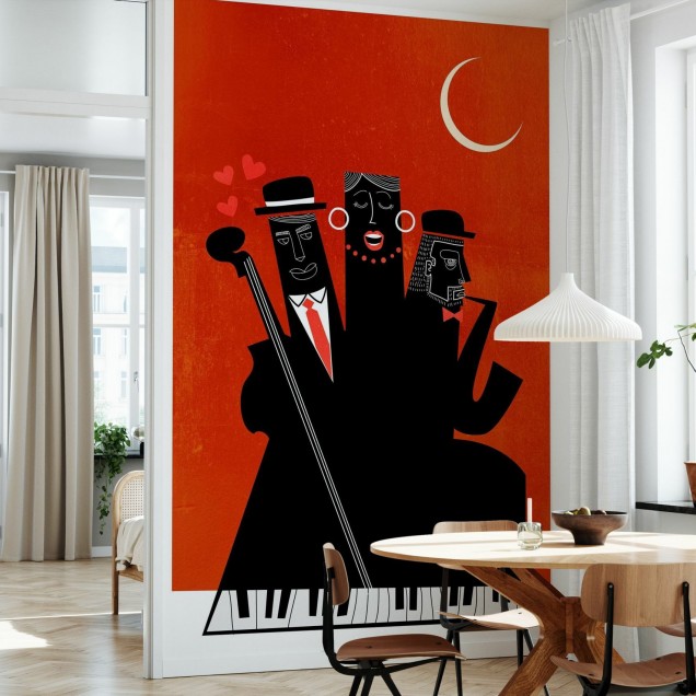 Tapet cu design modern in culori rosu si negru cu un trio de personaje care canta jazz