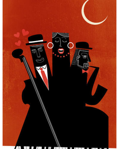 Tapet cu design modern in culori rosu si negru cu un trio de personaje care canta jazz